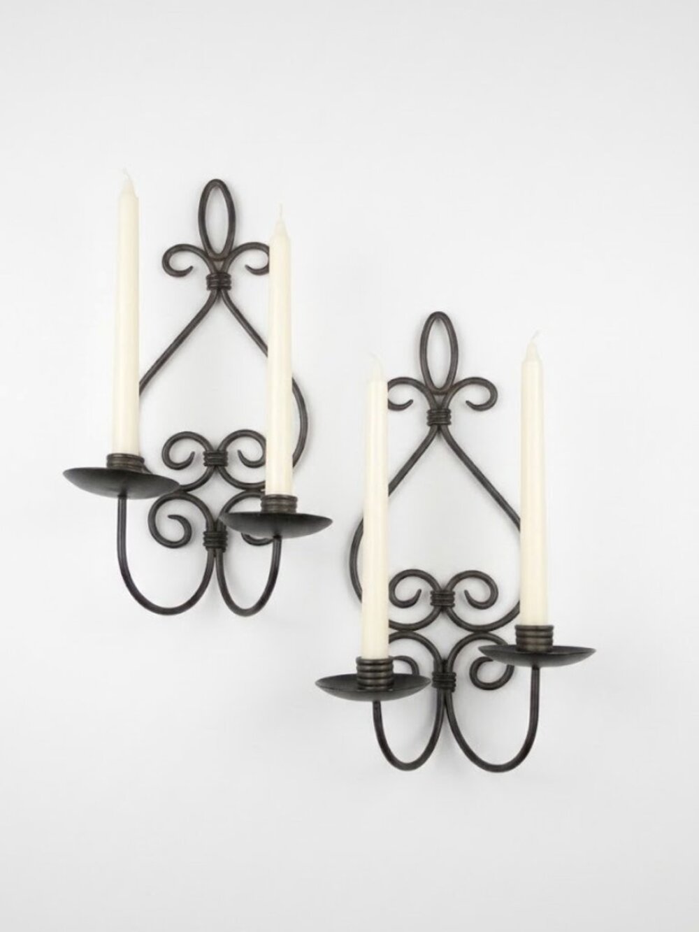Vintage Pair Iron Wall Sconces Taper Candle Holders Black Scrollwork Candelabras